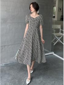 Outlet Square collar puff sleeve summer halter pinched waist dress