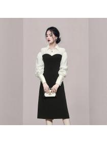Outlet Temperament spring lantern sleeve mixed colors dress