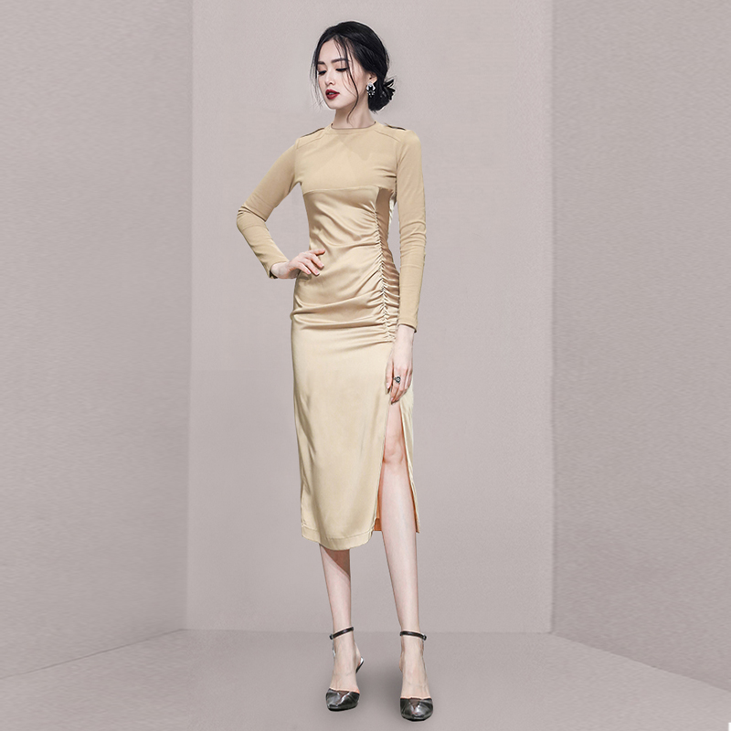 Outlet Pinched waist round neck spring long sleeve slim dress