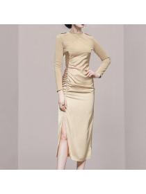 Outlet Pinched waist round neck spring long sleeve slim dress