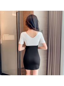 Outlet Short sleeve splice long high waist black summer dress