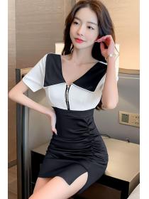 Outlet Short sleeve splice long high waist black summer dress