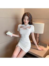 Outlet Hollow drawstring high elastic tight pure cotton dress