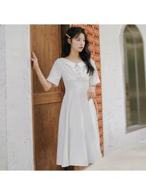 Outle Doll collar high-waist waist slim white dress short-sleeved dress