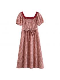 Outle Summer Plaid Bow Knot Slim Fit Short Sleeve Dress