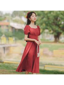 Outle Square neck bow thin puff sleeve short-sleeved red dress