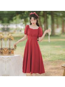 Outle Square neck bow thin puff sleeve short-sleeved red dress