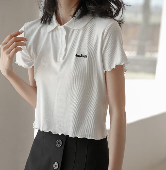 Embroidered Letters High Waist Slim Short Sleeve T-Shirt