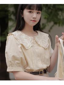 Sweet French Puff Sleeve Lace Doll Collar Short Sleeve Shirt