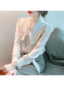 Outlet Long sleeve satin bow small shirt lace spring chiffon shirt