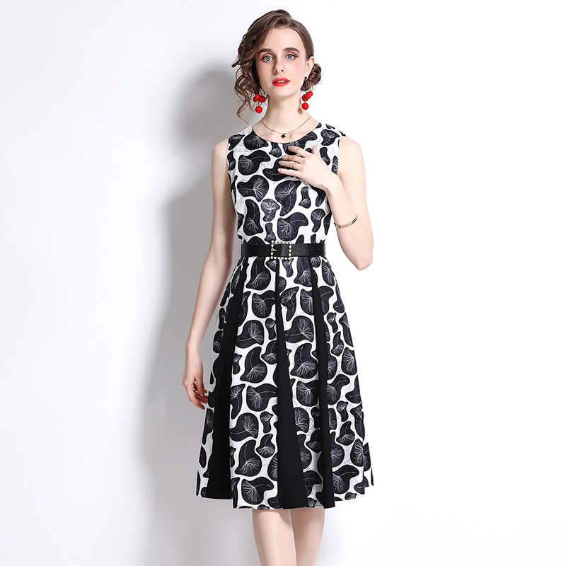 Outlet European style splice printing round neck dress for women