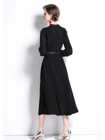 Outlet Long pinched waist temperament spring black dress