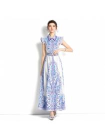 Outlet Sleeveless spring printing lapel long dress