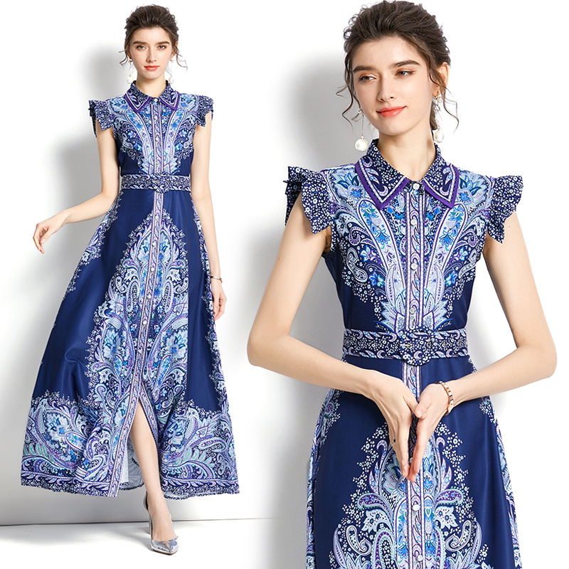 Outlet Long sleeveless spring printing lapel dress