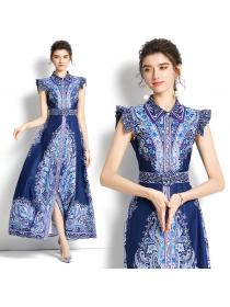Outlet Long sleeveless spring printing lapel dress