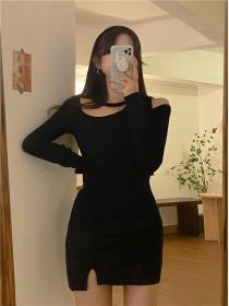 Outlet Spring and summer black hollow slim bow dress