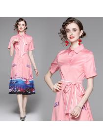 Outlet Fashion all-match sweet with belt printing slim summer dress
