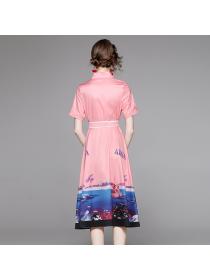 Outlet Fashion all-match sweet with belt printing slim summer dress