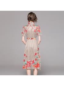 Outlet Pinched waist summer with belt flowers slim printing dress