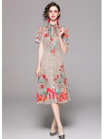 Outlet Pinched waist summer with belt flowers slim printing dress