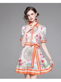 Outlet All-match slim fashion printing sweet pinched waist dress
