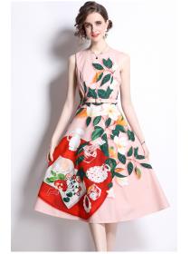 Outlet Mixed colors printing sleeveless round neck dress