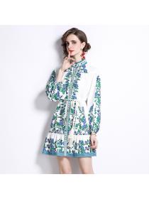 Outlet Single-breasted floral cstand collar lantern sleeve dress