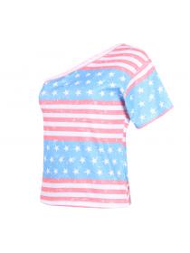 Outlet Striped star print Single- shoulder short-sleeved casual T-shirt for female 