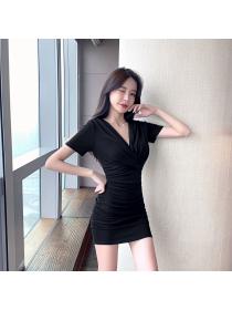 Outlet 100% cotton fold tight low-cut V-neck sexy dress