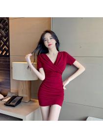 Outlet 100% cotton fold tight low-cut V-neck sexy dress