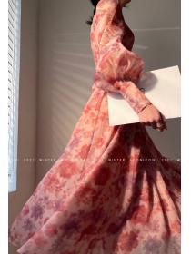 On Sale V  Collars Chiffon Printing Show Waist Maxi Dress