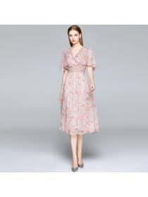 Outlet Printing slim chiffon dress pink short sleeve long long dress