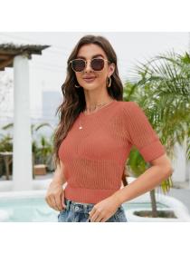 Outlet Summer new sexy hollow short-sleeved knitted sweater round-neck pullover short knitted top