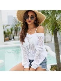 Outlet Summer new long-sleeved pullover thin knitted blouse casual loose V-neck hollow knitted To...