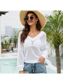 Outlet Summer new long-sleeved pullover thin knitted blouse casual loose V-neck hollow knitted Top