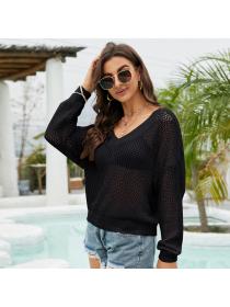 Outlet Summer new long-sleeved pullover thin knitted blouse casual loose V-neck hollow knitted Top