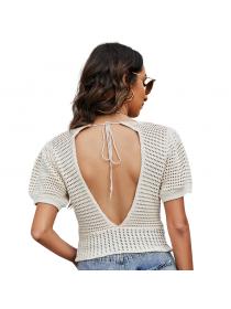 Outlet Summer new puff-sleeve knitted top hollow thin knitted sexy backless V-neck top