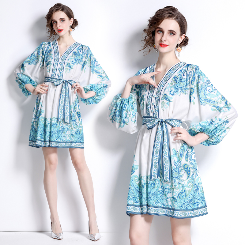Outlet Blue elegant frenum V-neck short printing temperament dress