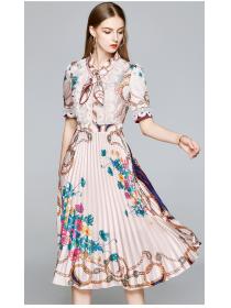 Outlet Elegant printing long dress slim pleated dress