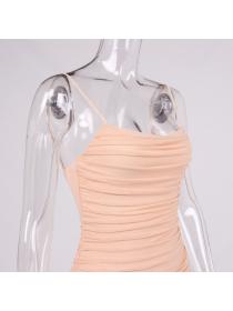 Outlet hot style Gauze pleated Backless hip-full Plain Sling Dress