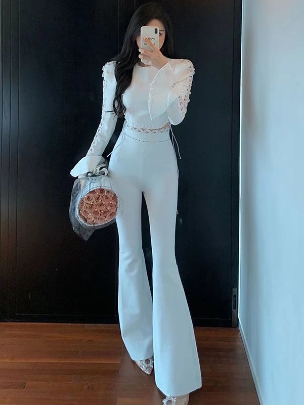 Temperament hollow lace lotus leaf trumpet long-sleeved Suits