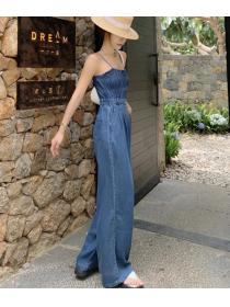 Korean  Style  short suit with a sense of design + retro slim sling denim one-piece wide-leg pants two-piece set