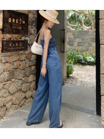 Korean  Style  short suit with a sense of design + retro slim sling denim one-piece wide-leg pants two-piece set