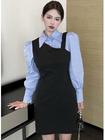 Polo collar shirt black irregular suspender skirt two-piece set
