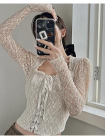 Sexy bandage design  exposed collarbone with puff sleeves lace short top