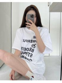 Mid-length Korean Style short-sleeved spring letter print student loose casual top