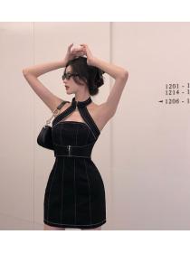 Halter neck A-line skirt pure desire style denim zipper Dress