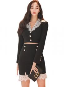 Korean Style slim stitching lace suit small jacket fashion waist professional package hip skirt suit