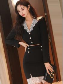 Korean Style slim stitching lace suit small jacket fashion waist professional package hip skirt suit