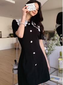 Korean style temperament slim stitching lace collar fashion  short-sleeved dress